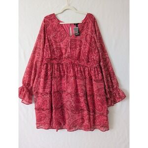 Torrid Pink Paisley Tiered Ruffle Sleeve Boho Dress Pockets Plus Size 2X New